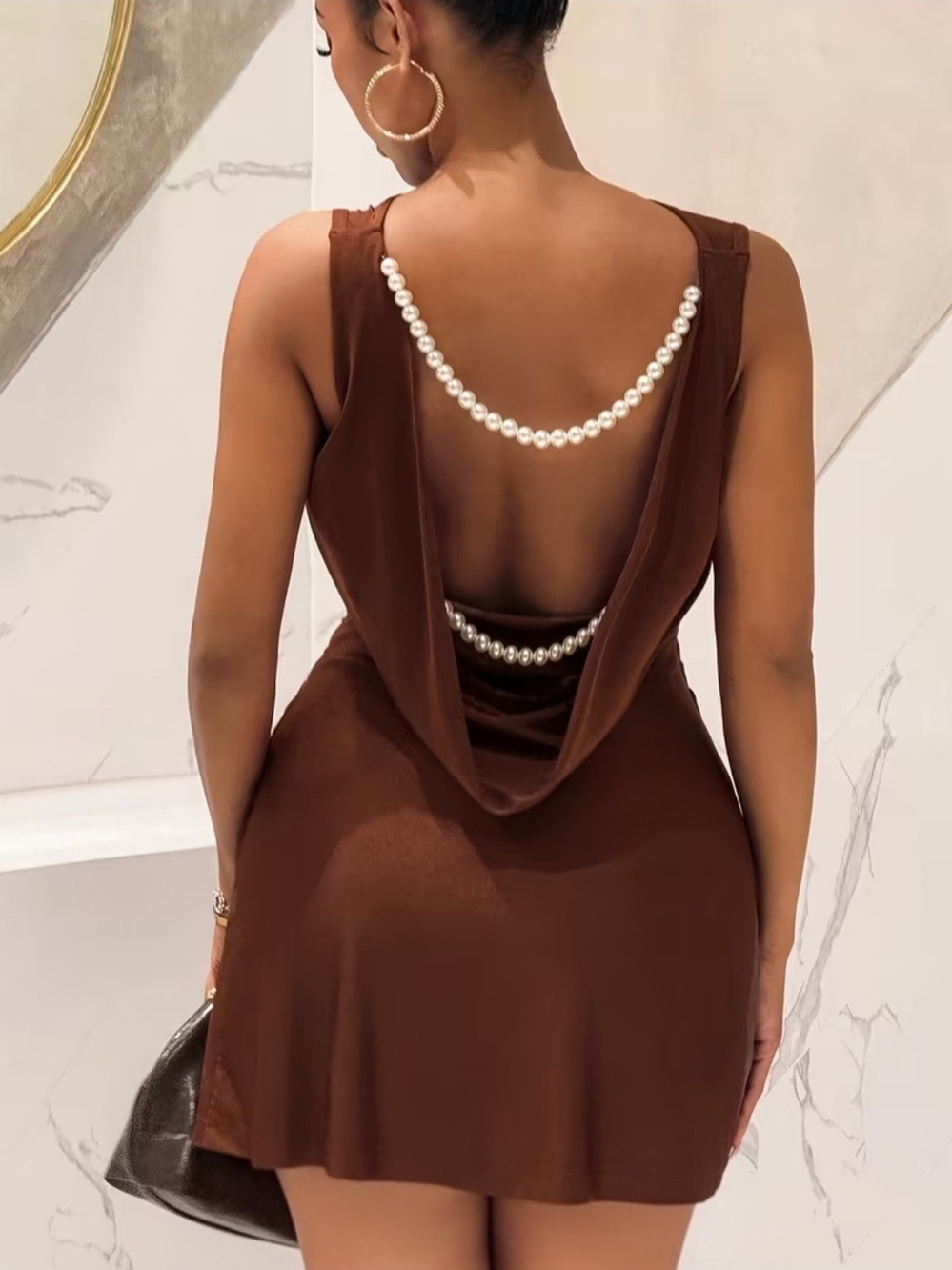 Elegant Brown Pearl-Back Cowl Mini Dress